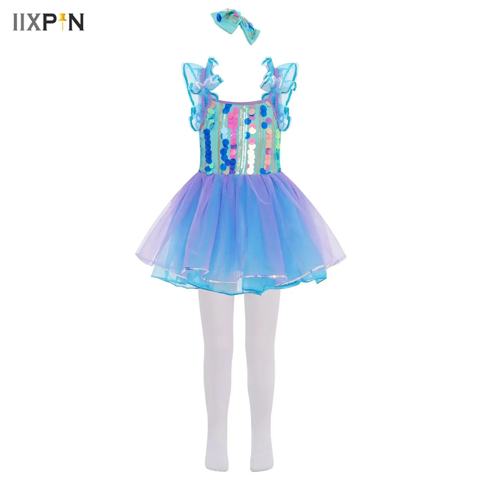 

Kids Girls Halloween Ballet Dance Costume Oiutfit Sleeveless Sequins Bodice Layered Tutu Dress+Bowknot Headwear+Pantyhose 3Pcs