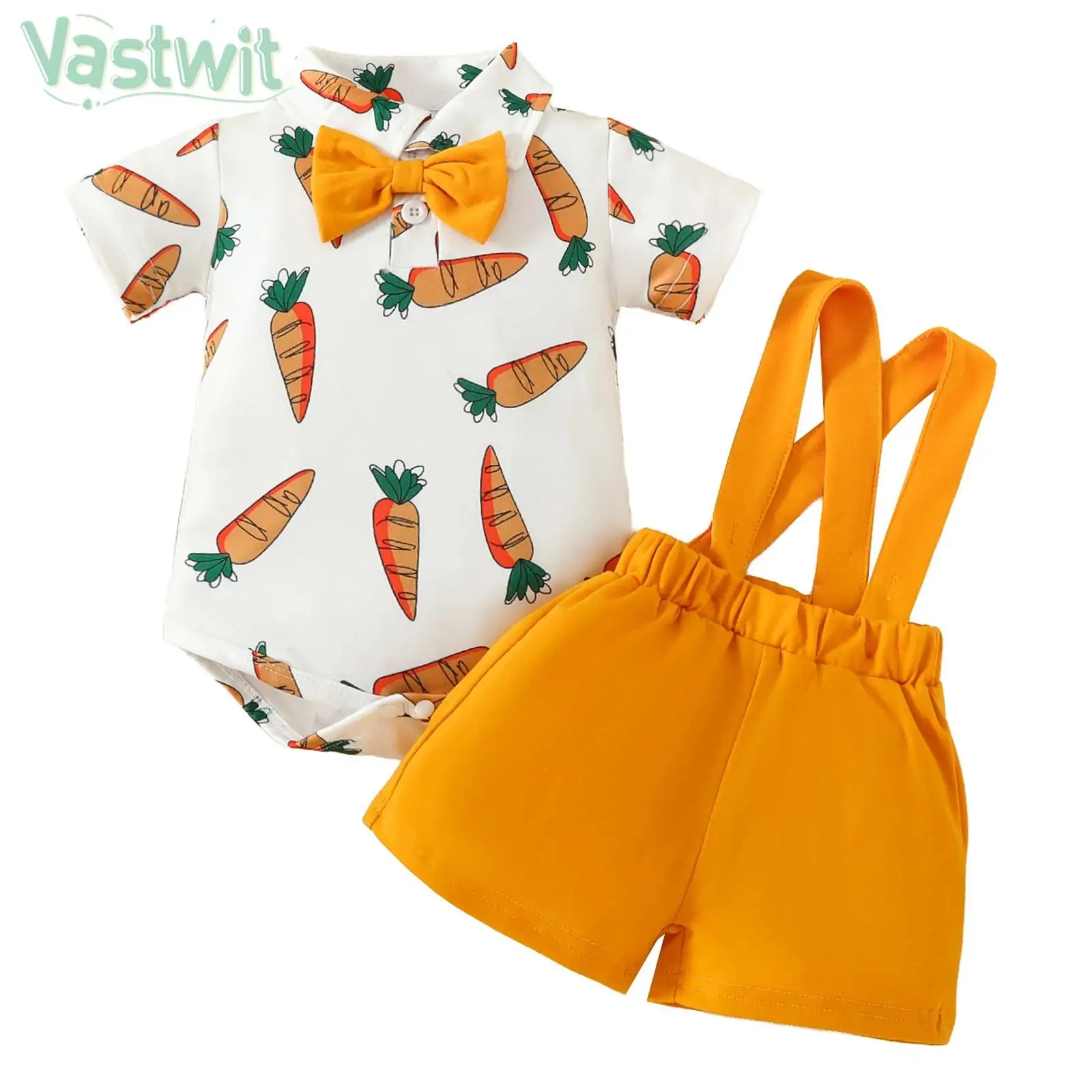 

0-18M Boys Gentleman Suit Short Sleeve Cartoon Print Bow Romper with Suspender Shorts for Birthday Wedding Party Photography