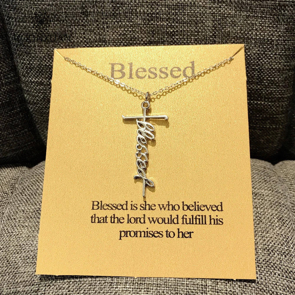 

Sliver Plated Alloy Blessed Cross Pendant Necklaces for Women Christmas Gift with Blessing Card Packaging Power Daily Jewelry