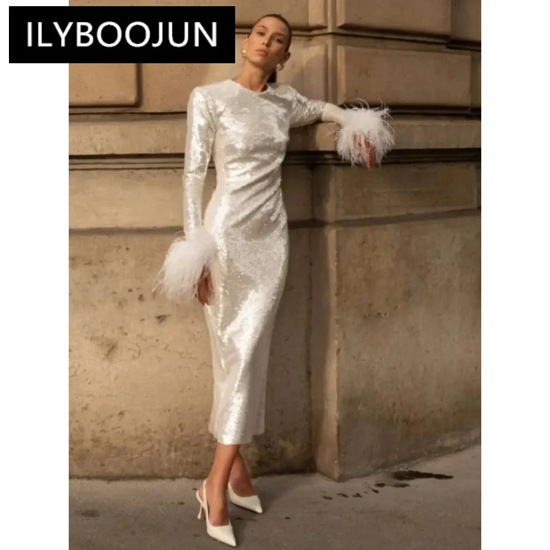 

ILYBOOJUN New Women 2024 Luxury Sexy Long Sleeve Feathers Sequins Mid Calf Bodycon Gowns Dress Elegant Evening Party Club Dress