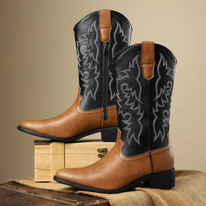 NEW Men High Boots Embroidery Retro Handmade Mens Boots Western Cowboy Boot Pointed Toe Boots Hand Stitching Outdoor Men's Shoes