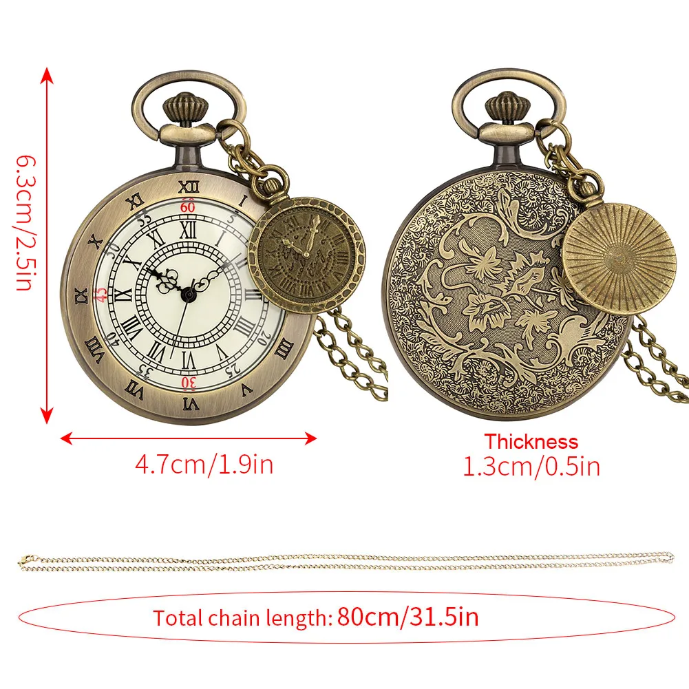 Open Gezicht Quartz Zakhorloge Romeinse Cijfers Analoge Display Hanger Brons Retro Klok Ketting Ketting Reloj Met Klok Accessoire