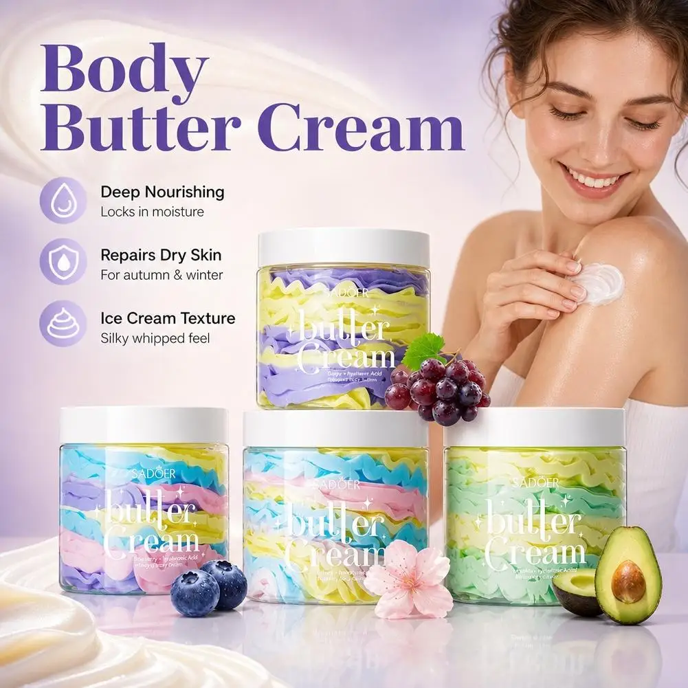 SADOER Blueberry Sakura Hyaluronic Acid Body Butter 180g,Deep Moisturizing Skin Cream for Dry Flaky Skin, Nourishing Body Lotion