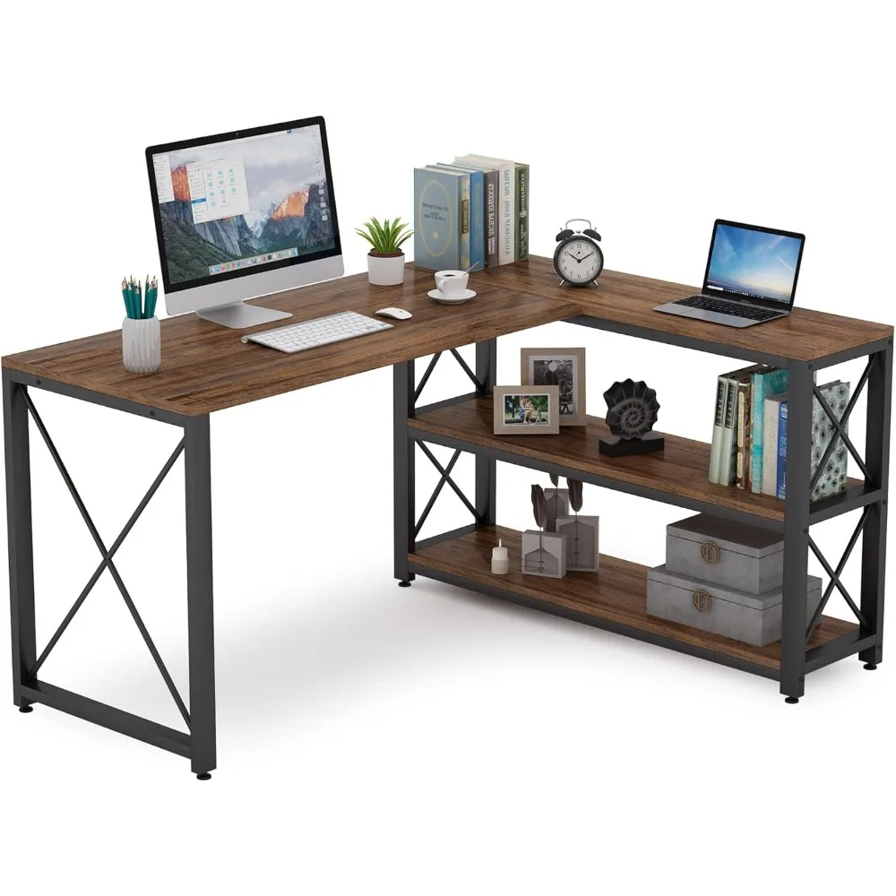 

Reversible Industrial L-Shaped Desk with Storage Shelves, Corner Computer Desk PC Laptop Study Table Workstation