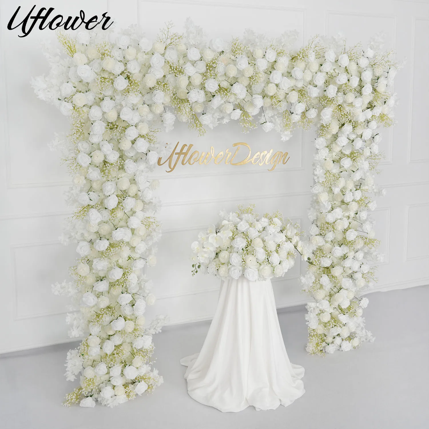 

Uflower White Rose Wedding Backdrop Arch Decoration Flower Row Stage Road Lead Floor Flower Runner Event Table Centerpiece Ball