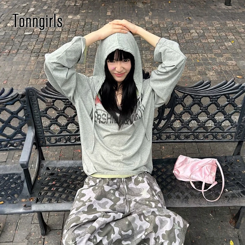 

Tonngirls Y2k винтажная футболка женская повседневная свободная футболка с графическим принтом с капюшоном японские топы в стиле гранж 2000-х годов уличная одежда эстетические топы