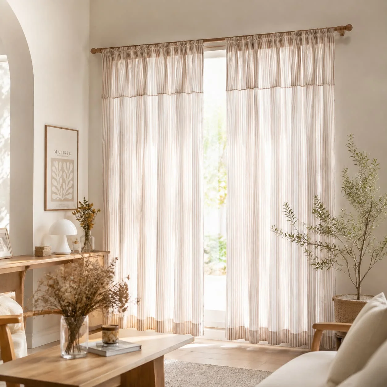 1PC Mediterranean Light Coffee Vertical Stripe Curtain, Oven Curtain, Valance Decoration, for Living Room, Balcony, Kitchen,