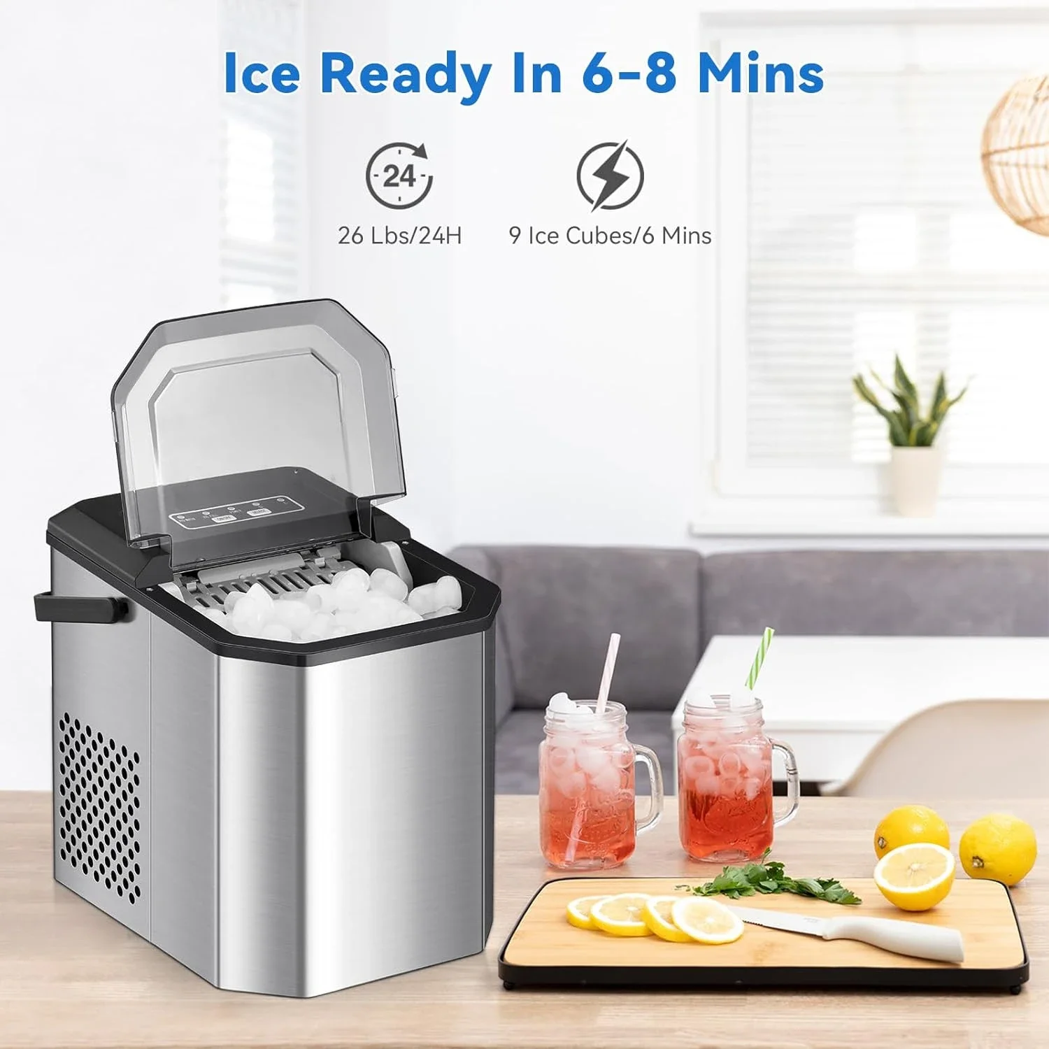 Self-Cleaning Countertop Ice Maker, Pronto em 6 Mins com Ice Scoop e Cesta, 2 Tamanho, 26 lbs, 24 Hrs, 9 Cubos