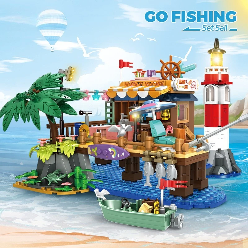 

Летний пляжный кемпинг, игрушки из строительных блоков для рыболовной платформы, креативные украшения для сборки частиц «сделай сам», модели подарков