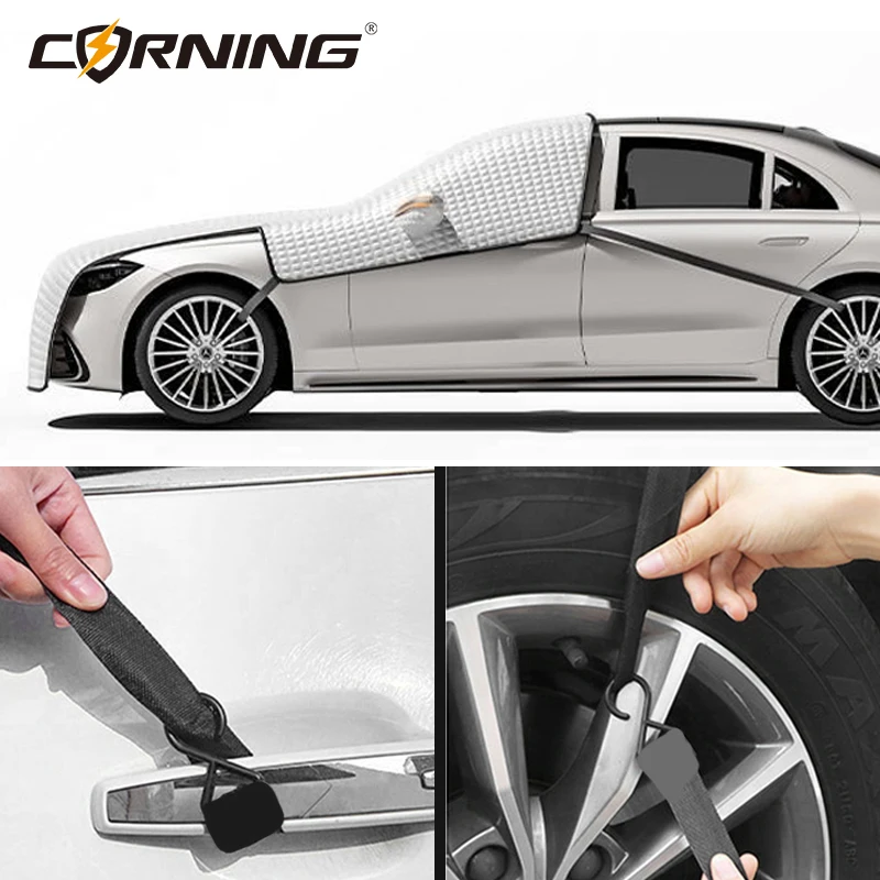 Auto-Windschutzscheiben-Schneeabdeckung Halbe Autoabdeckung Frost- und Eisschutz mit Reflektorstreifen Universeller Winter-Sommer-Sonnenschutz für Autos – Detail 3