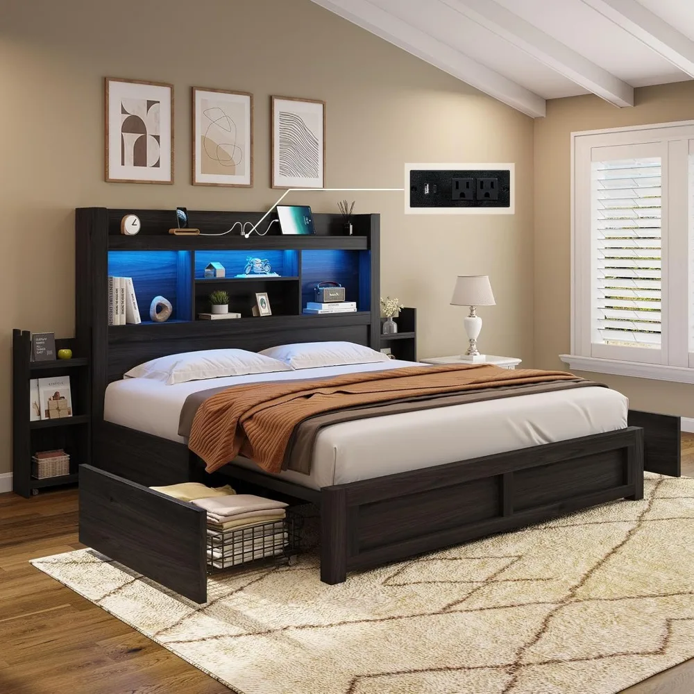 

AMERLIFE Full Size Bed Frame with 4 Storage Drawers, LED Bed Frame with 49.6" Tall Bookcase Headboard, Wood Platform Bed with Ch
