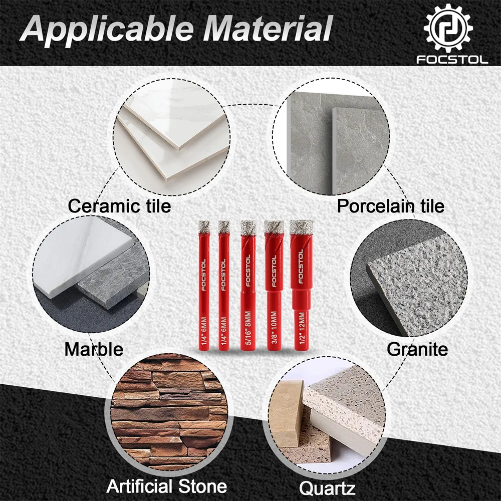 FOCSTOL Diamond Drill Core Bit Tile Drill Bit Set Round Shank Drill Bit for Ceramic Porcelain Tile Hole Saw Drill Core Bit