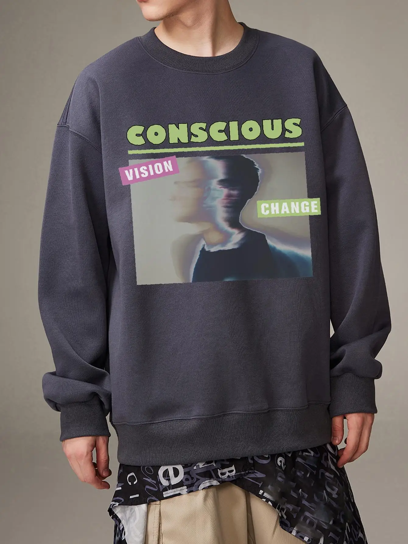 Vision Change Graphic Mens Crew Neck Sweatshirts Long Sleeve Pullover Hip Hop Streetwear Autumn New Clothing Casual Male