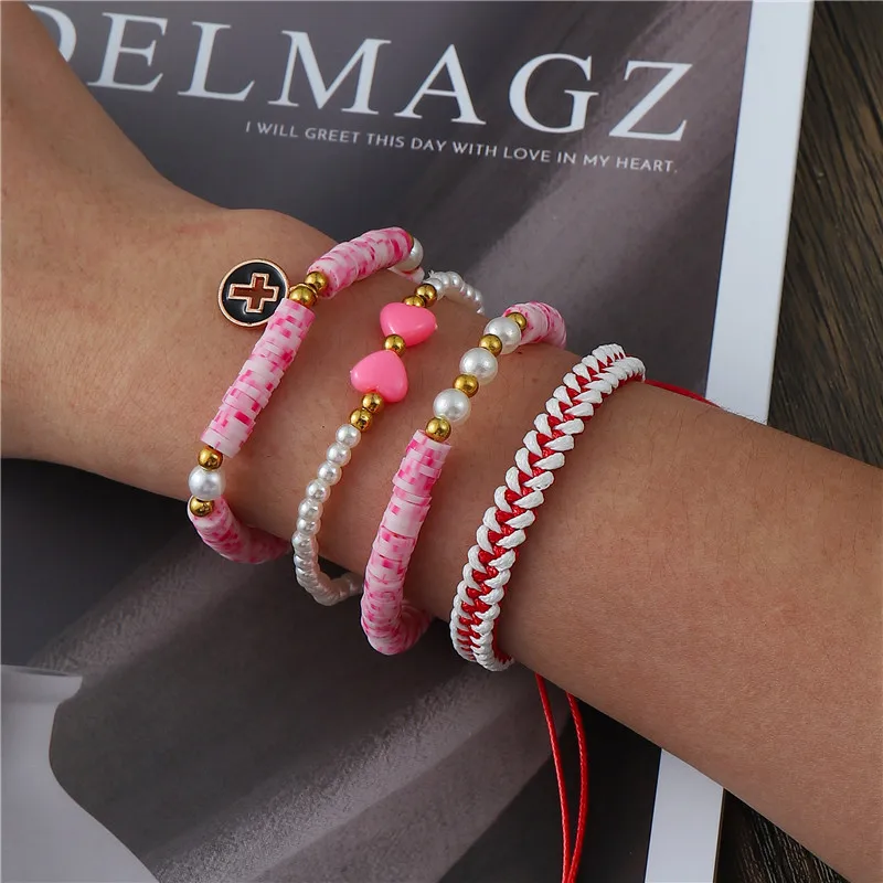 4pcs/lot Bohemian Heart Pearl Pink stone woven  Bracelet Women Casual Jewelry Accessories Friendship Gift