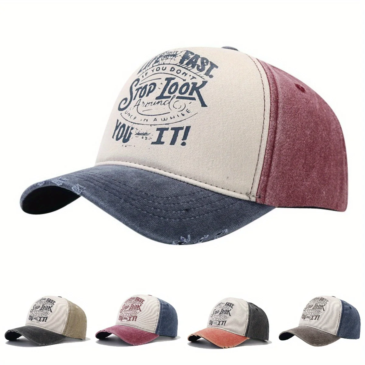 Vintage Washed Shabby Letter Printed Baseball Cap Unisex Colour Blocking Fashion Leisure Snapback Sun Hat Outdoor Sports Dad Hat