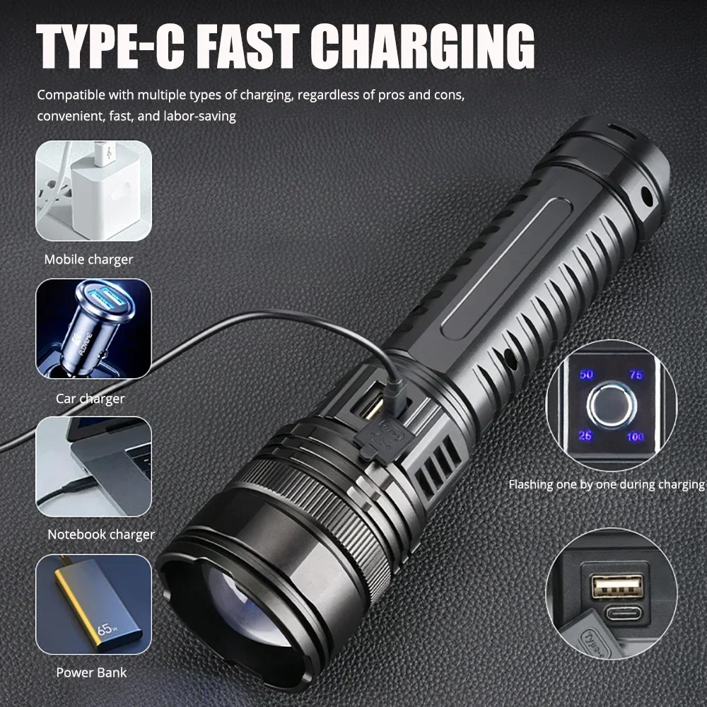 

Ultra Bright LED Flashlight Powerful Tactical Torch 15000mah Built-in Battery Emergency Camping Spotlights With Tail Light