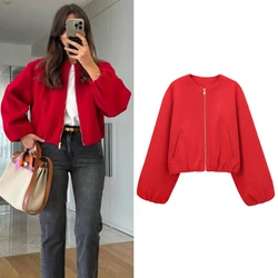 HXAO Autumn Women 2024 Women's Jackets Soft Tweed Crop Jacket Red Grey Beige Jacket Long Sleeve Oversize Outerwears Casual Coats