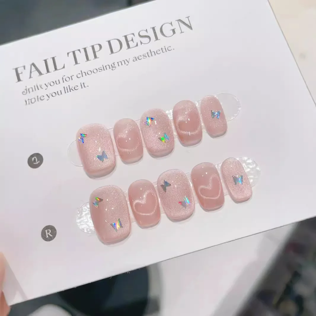 

10pcs Handmade Press on Nails Pink Gradient Cat's Eye Heart Full Coverage Nail Tips for Women&Girl Removable Wearable Nail
