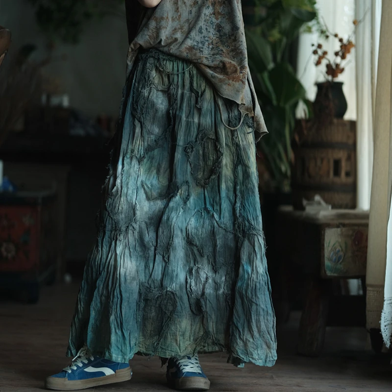 Women Cotton Linen Long Skirt New Arrival 2025 Spring Vintage Style Tie Dye Loose Female Casual A-line Skirts M1423