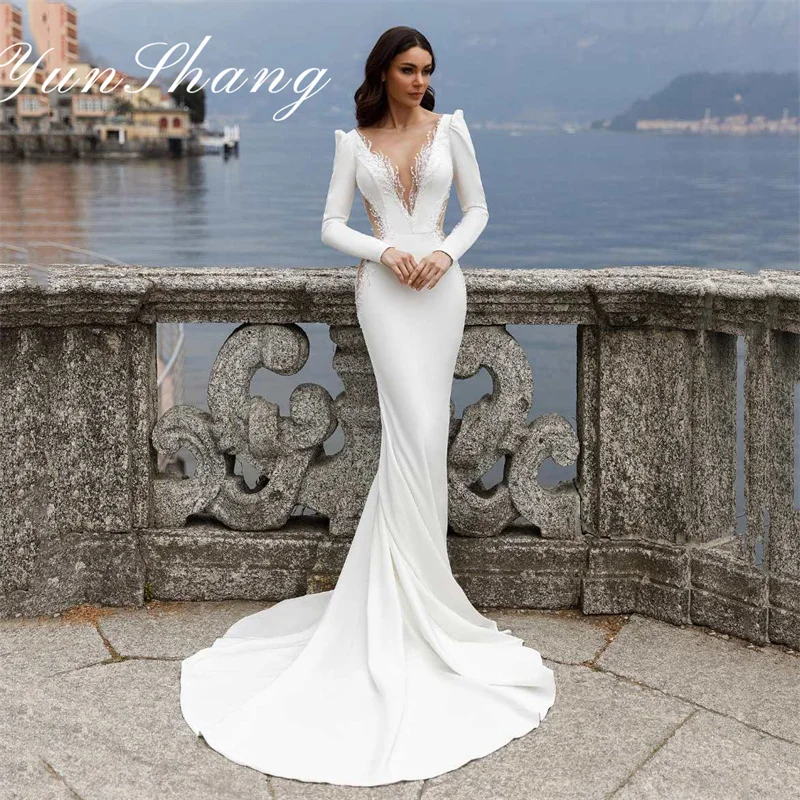 Yunshang Elegant Wedding Dress Women Mermaid Illusion Long Sleeve Back Lace V-Neck Bridal Gown Train Vestido De Novia Customized