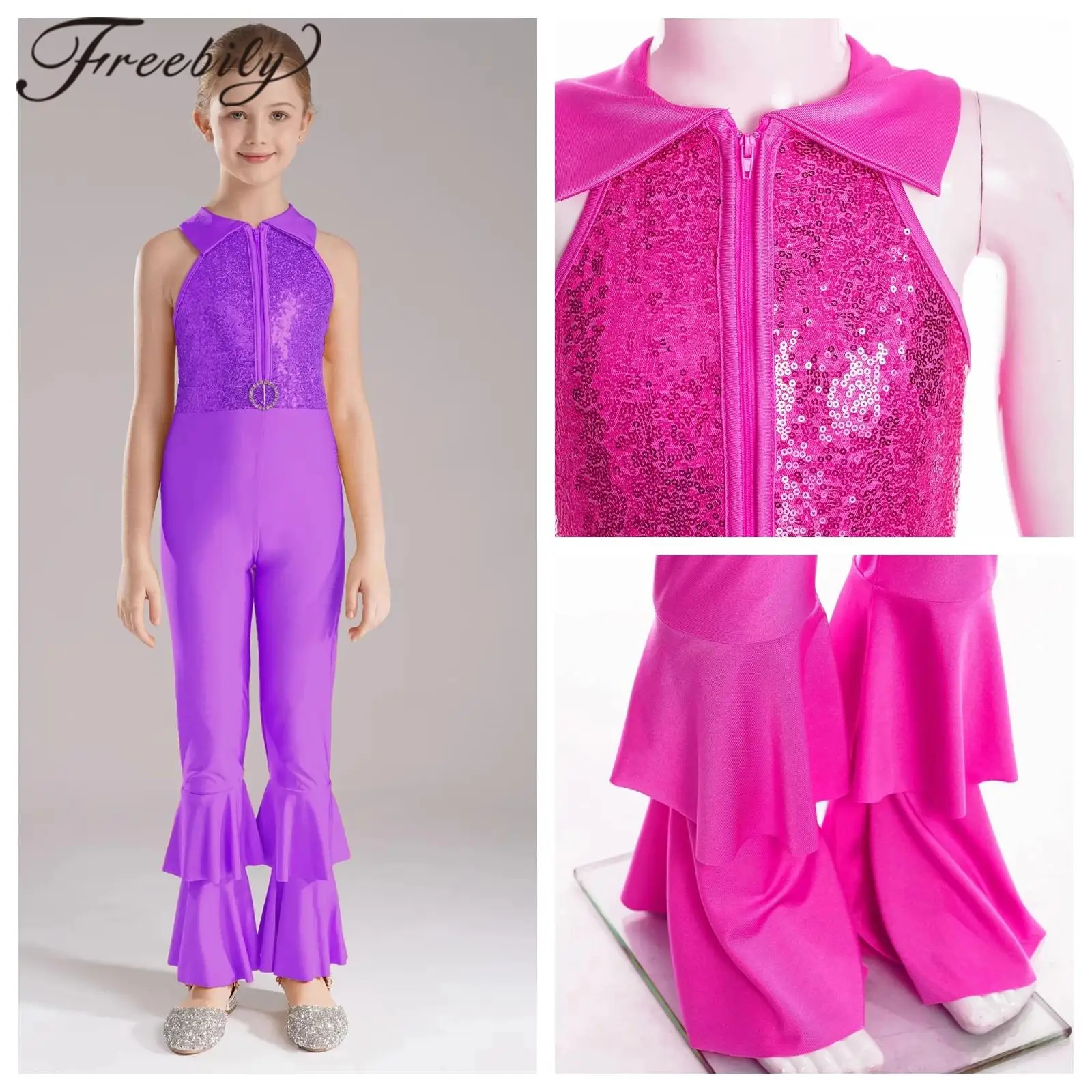 

Kids Girls Sequins Jumpsuit Turndown Collar Hippie Dancewear Shiny Retro Vintage Party Disco Dancing Stage Performance Costume