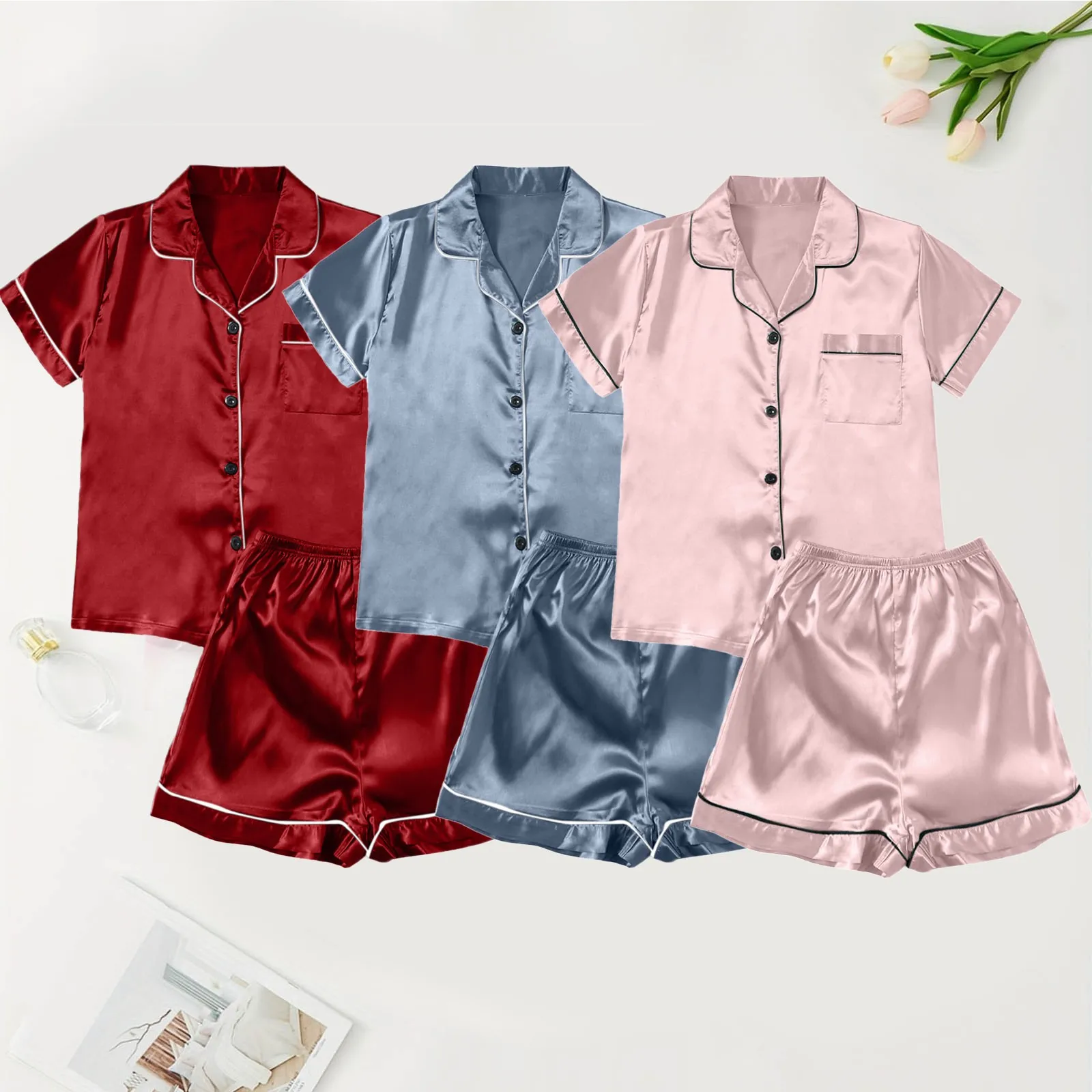 6pcs / Three Pair Summer Womens Silk Satin Pajamas Set Short Sleeve Shorts Two-Piece Pj Sets Sleepwear Loungewear Button-Shirts