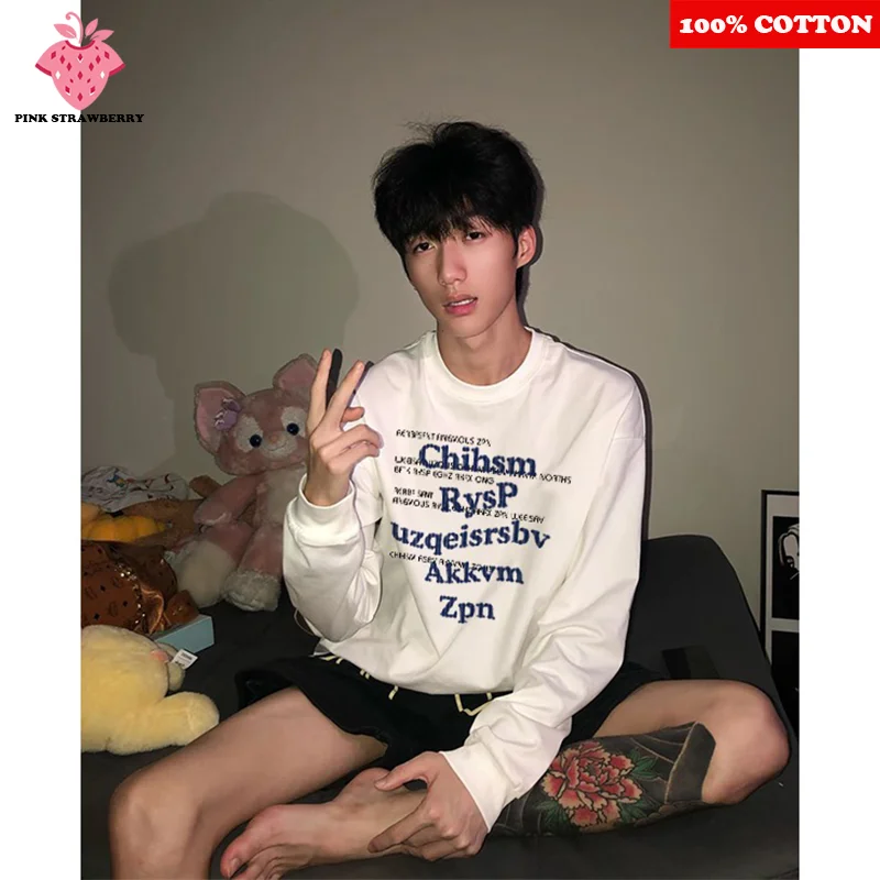 

American Street Letter Print T-shirt Men Autumn 2025 New 100%Cotton Casual Long sleeves Sports Gym T-shirt Top Y2k Male clothing