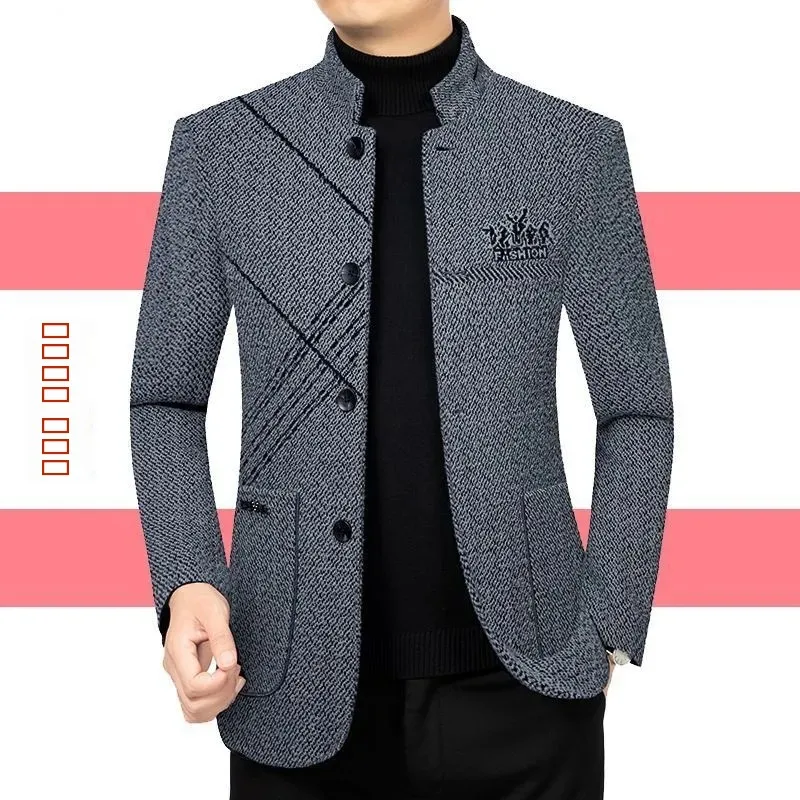 

Утепленное мужское шерстяное пальто с воротником-стойкой, повседневная куртка для осени и зимы, деловая повседневная укороченная верхняя одежда