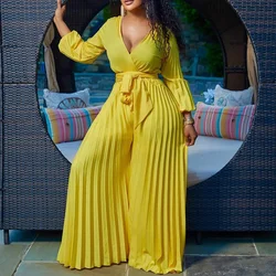 Elegant Pleated Jumpsuits & Rompers Full Sleeve V Neck High Waisted Fashion Ladies Birthday Party Dinner Outfits Overalls Cloth