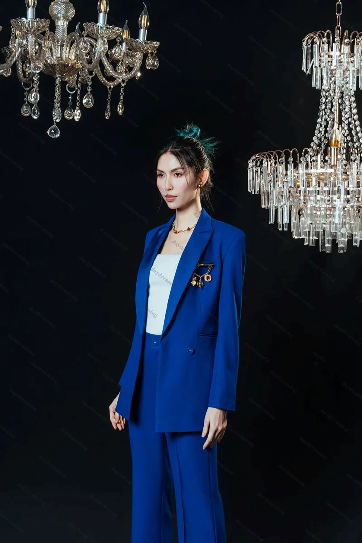 Fashion Women Suits Dresses One Button V Neck Party Gown Slim Fit Pocket Jacket Custom Made Patchwork Power Blazer 2 Pieces