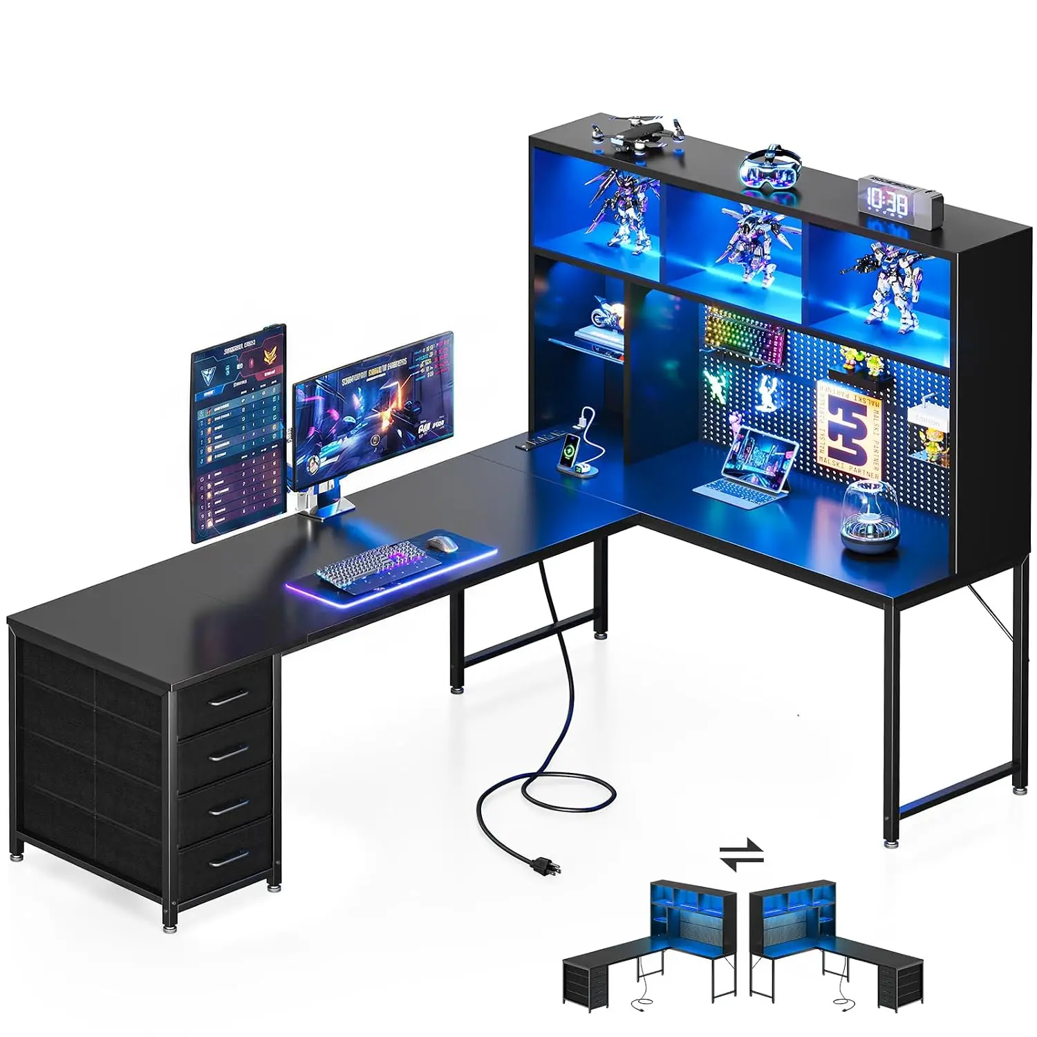 L Shaped Gaming Desk with Hutch & Pegboard, 4 Drawers, LED Light & Power Outlets, Reversible, 71 Inch, Black, Customized