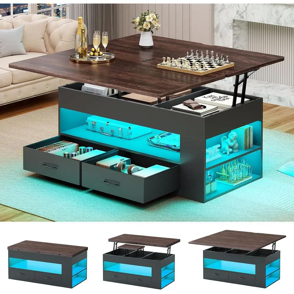 

Multifunctional Farmhouse Coffee Table with Storage, LED Light, and Fabric Drawers for Living Room, Black