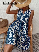 Women Boho Print Mini Dress Summer Elegant Sleeveless V Neck Ruffle A Line Tank Dress Casual Loose Oversize Beach Party Sundress - Image 5