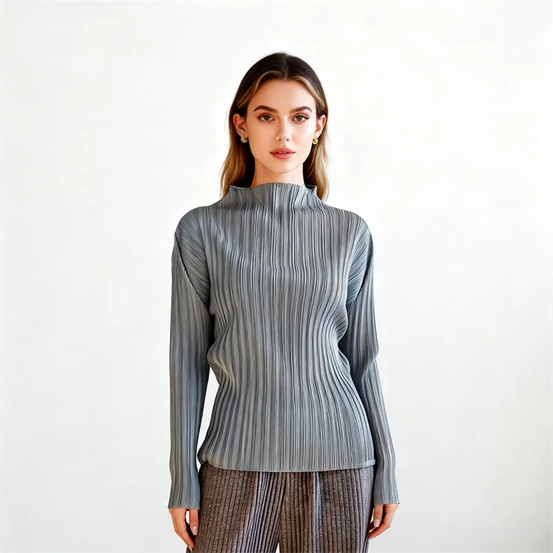 Miyake Pleated Turtle Neck Long Sleeve Top Stylish Black Lightweight Wrinkle Resistant Women's Casual Simple Fashion Shirt