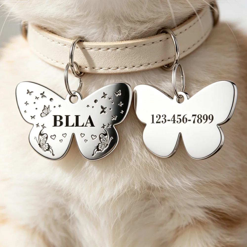 Custom butterfly stainless steel pet tag, double-sided engraved name & number, delicate anti-lost collar tag for pets.
