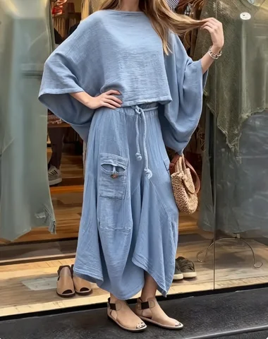 Two-Piece Women'S Chic Batwing Cape Shirt and Asymmetrical Ankle Skirt Streetwear Set with Pockets