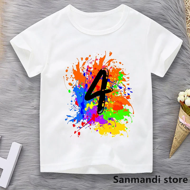 New 4-9th Birthday Splash Rainbow Graphic Print T-Shirt Girls/Boys Children'S Clothing Tshirt Kawaii Kids Clothes Summer Tops