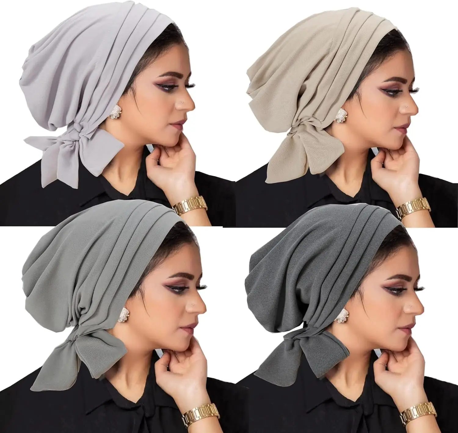4 Pieces Ramadan Solid Color Turban Hijab Long Tail Head Wraps Muslim Hats Breathable Chemo Cap for Women Hair Loss Bonnet Mujer