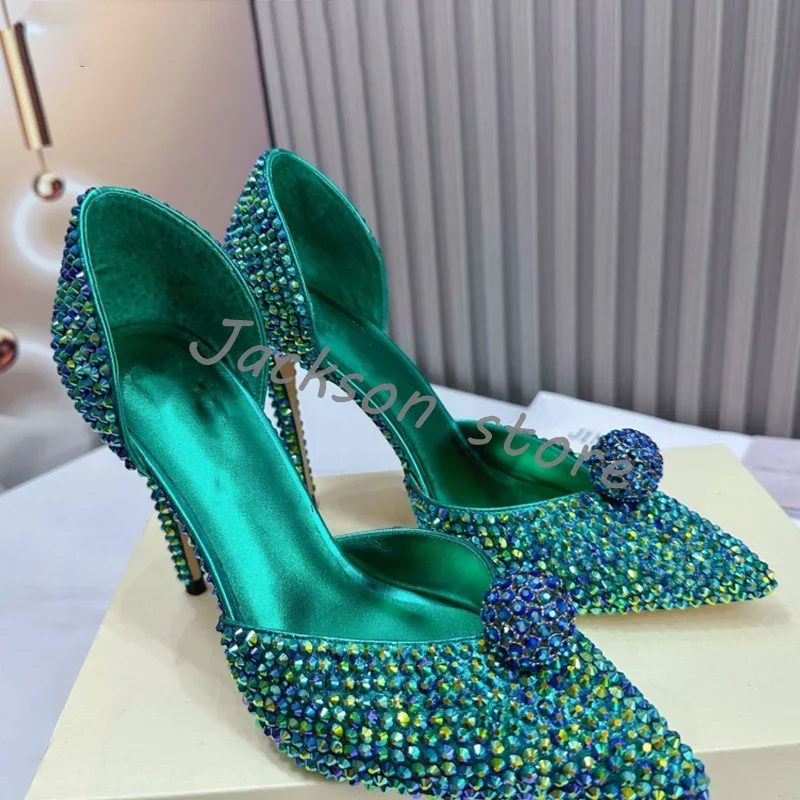 New Arrival Green Rhinestone Pumps Pointed Toe Stiletto Heels Shallow Banquet Dress Shoes Versatile Wedding Luxury Women Sandals