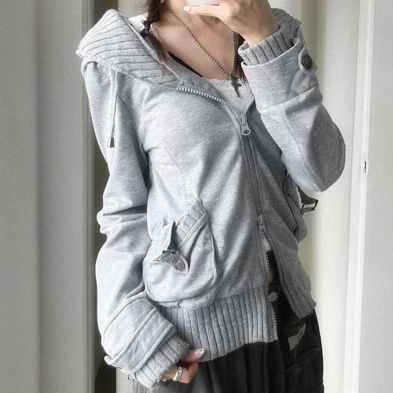 Pockets Double Zip-up Hoodie Vintage Loose Fit Hooded Sweatshirts Grey Casual Basic Cargo Cardigan Sportswear Womens