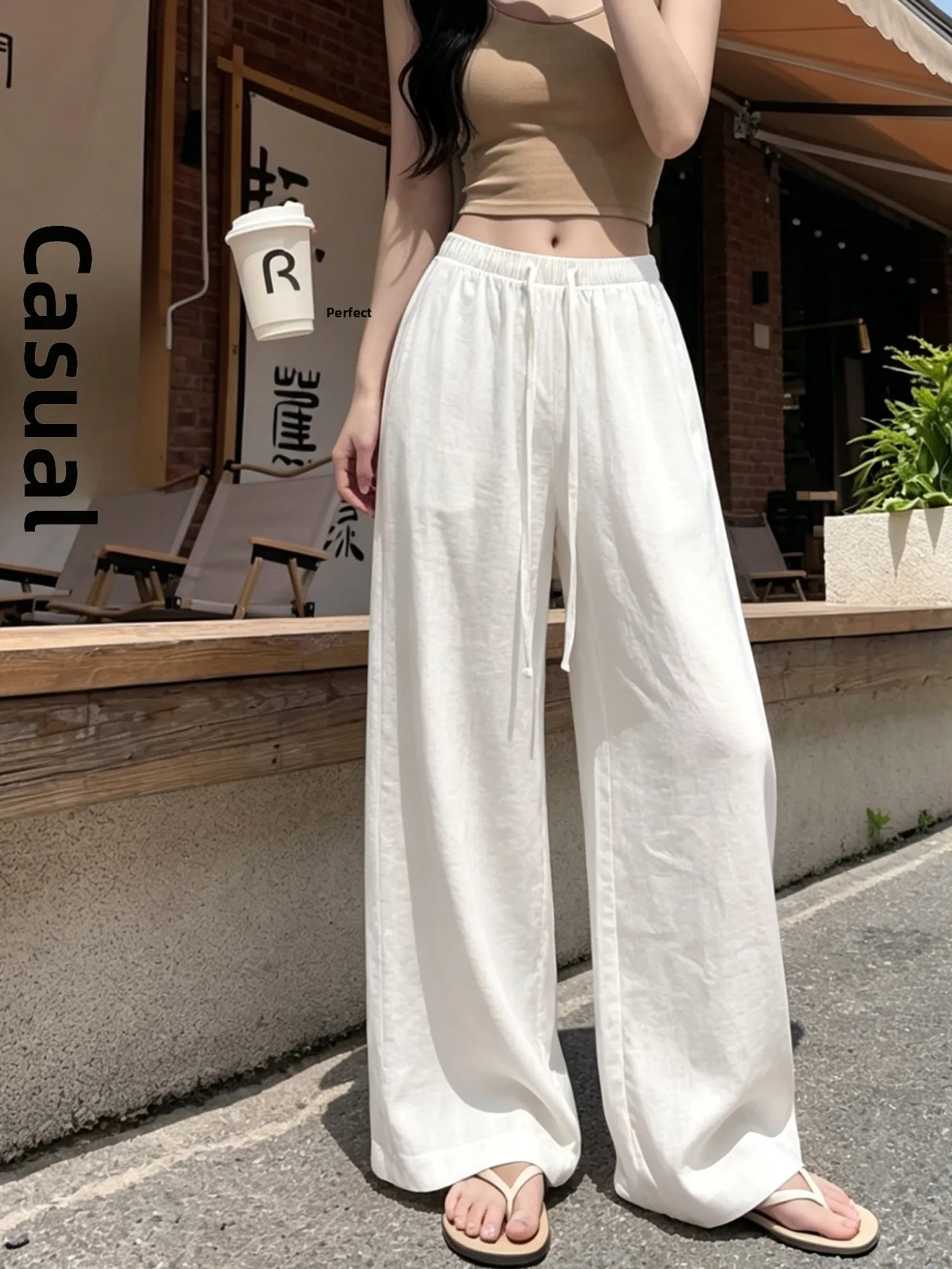 

Women's Summer New Small Size Casual Loose Wide Leg Pants Drawstring Cotton Linen Trousers Floor-Length Pants Versatile