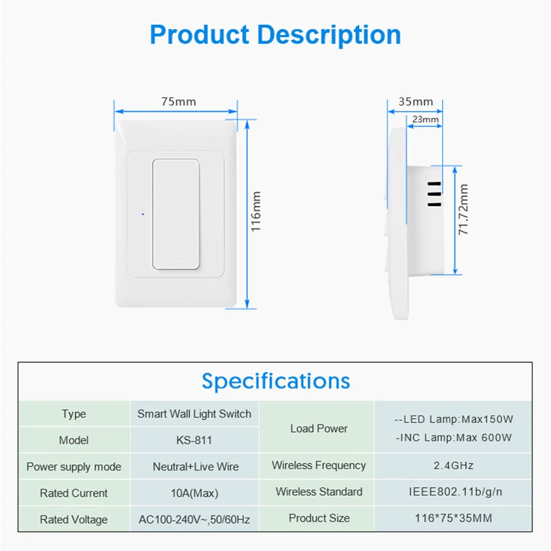 Wifi Light Switch Tuya Smart Wall Push Button Switches No Neutral Wire Required 110-240V 1/2/3 Gang Physical Lamp Switch