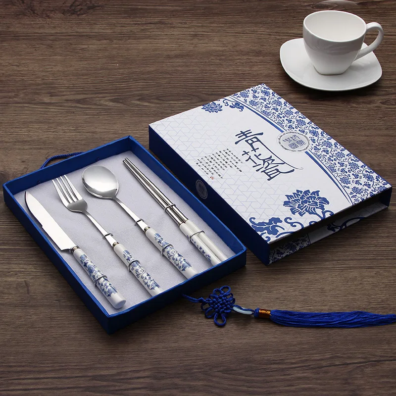 Blue and White Porcelain Tableware Knife, Fork and Spoon Chopsticks Sets Featured Chinese Style Gift Abroad for Foreigners Busin