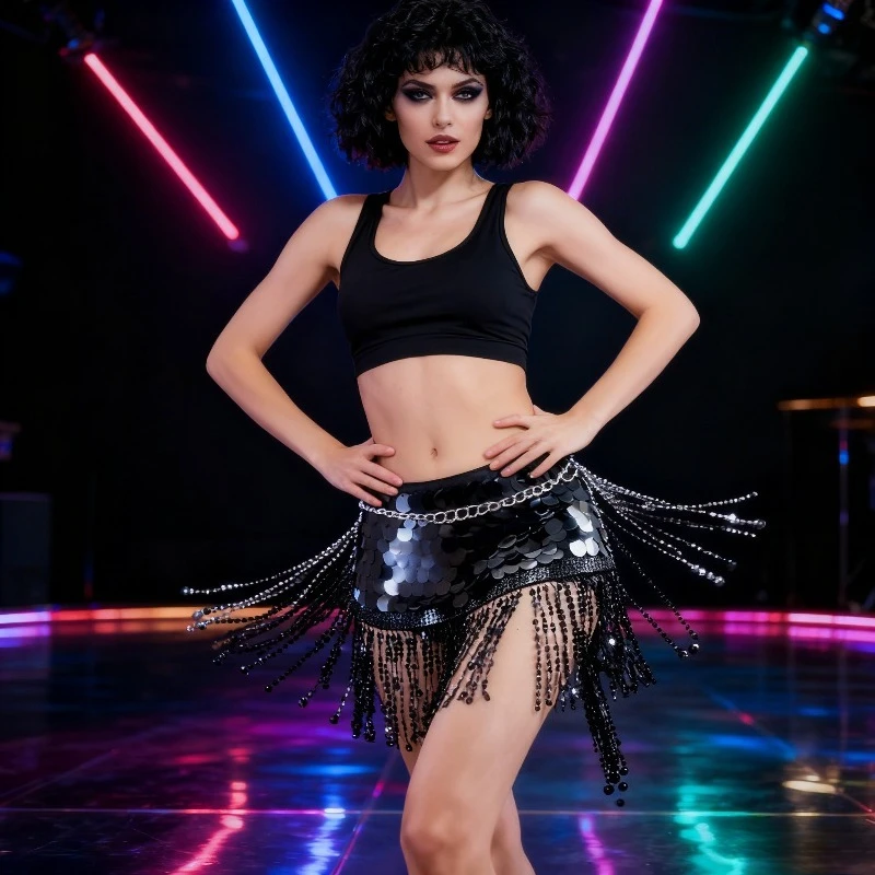 Comfortable Casual Belly Dance Waist Chain Sequined Fringed Hip Towel Belly Dance Costume Indian Dance Waist Dress