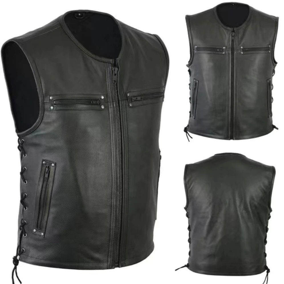 2023 New Solid Color Mens Vest Motorcycle Standing Collar PU Leather Vest Jackets Team Punk Sleeve Tops Male Large Size 5XL