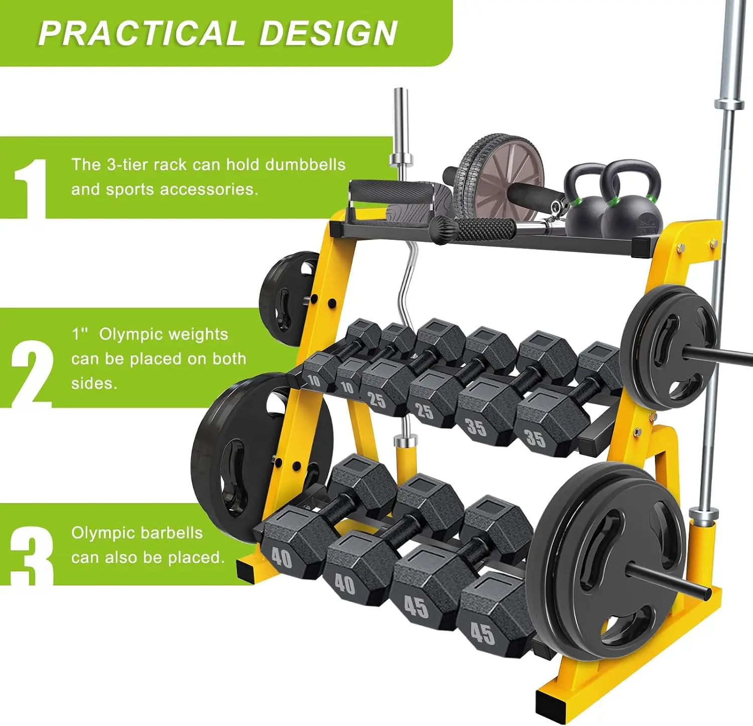 Heavy Duty Three Tier Dumbbell Rack Stand Multifunctional Weight Rack Storage Holder Display Stand Base Unit For Dumbbell Kettlebell Barbell Plate Barbell Bar Home Gym Yellow Black - view 3
