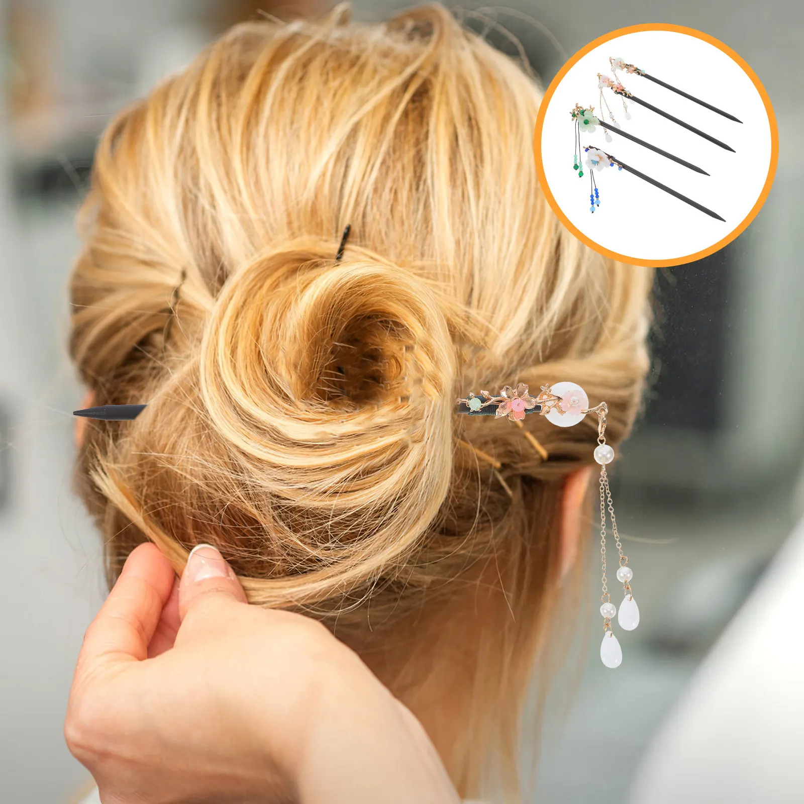 

4Pcs Chinese Hair Stick Tassel Hairpins Wooden Flower Chopsticks Vintage Hanfu Pins Headdress Long Hair Styling Accessories