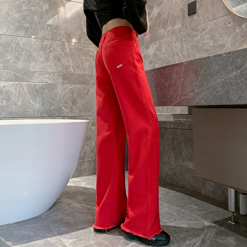 

Широкие джинсы с высокой талией, женские летние тонкие красные свободные драпированные джинсы прямого кроя, хлопковые эластичные джинсовые повседневные брюки на молнии с застежкой-молнией...