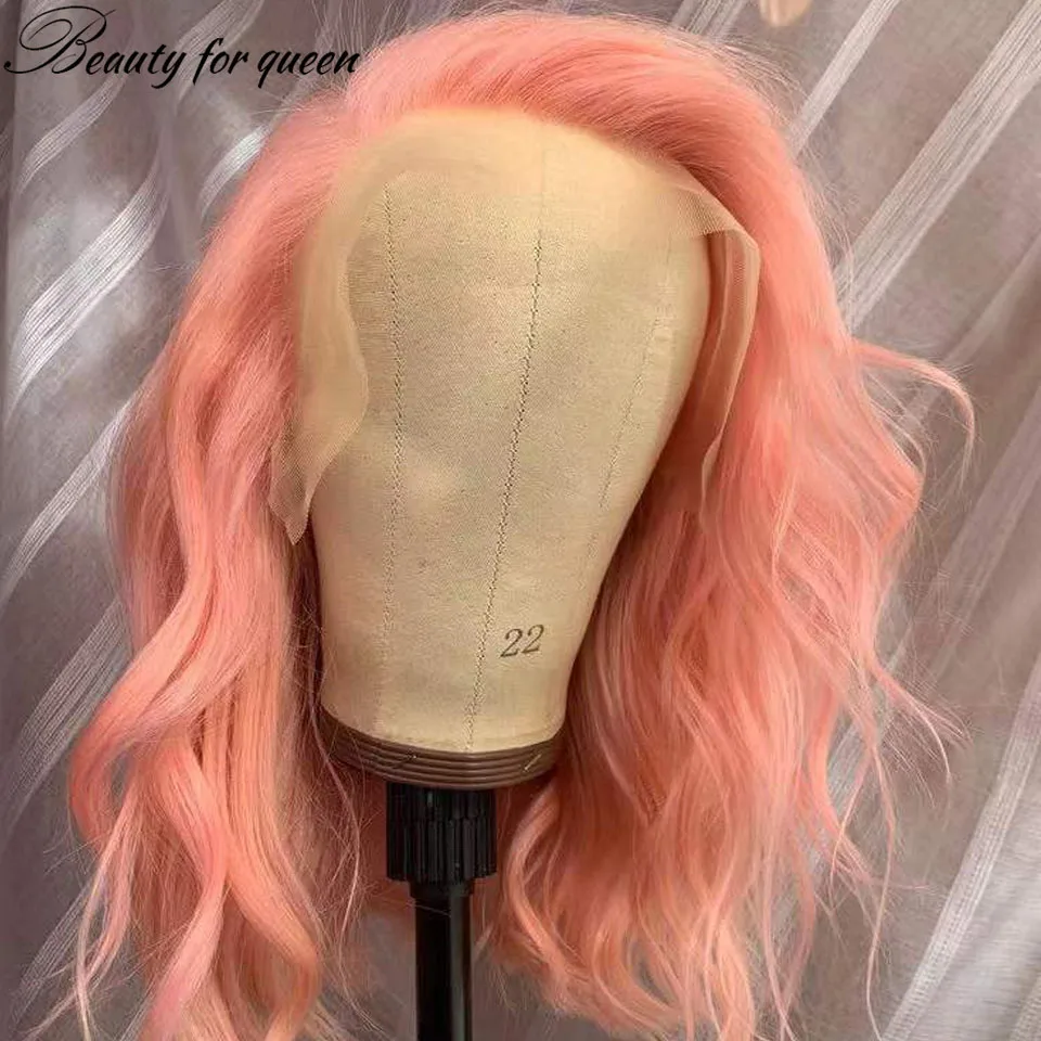 ピンクボブウィッグ人毛ボディウェーブレースフロントウィッグ180%密度13x4レースフロントウィッグ人毛プレプラッキング済み人毛100%