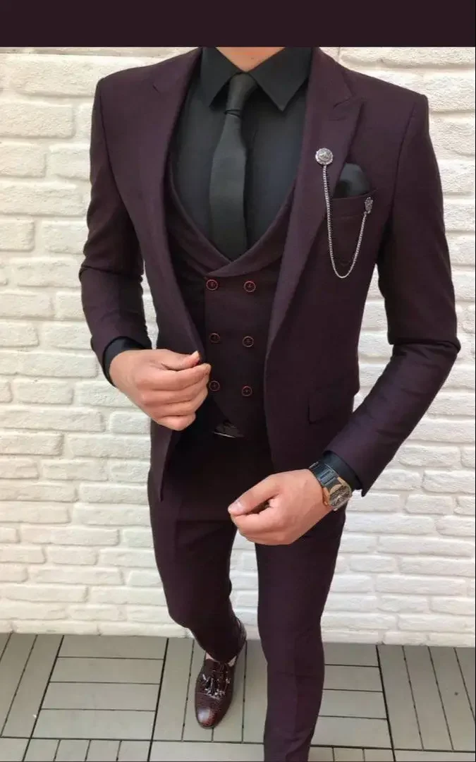 

Burgundy Smart Business Men Suit Slim Fit 3 Pieces Groom Tuxedo Double-Breasted Waistcoat Prom Party Blazer Sets Terno Masculino